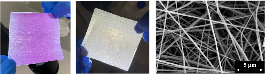 2 photos of electro spun nonferrous membranes and one close up view of the fibers