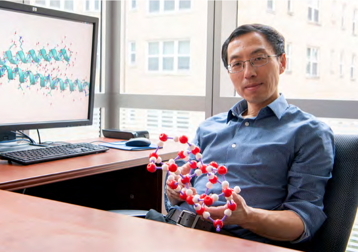 Dr. Tianshu Li sitting at his desk holding molecule model