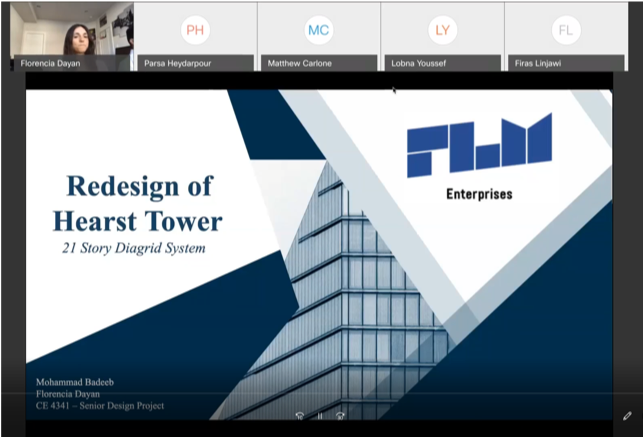 Screenshot of WebEx meeting. Participants at the top: Florencia Dayan, Parsa Heydarpour, Matthew Carlone, Lobna Youssef, Firas Linjawi. Presentation slide is called &quot;Redesign of Hearst Tower, 21 Story Diagrid System&quot;