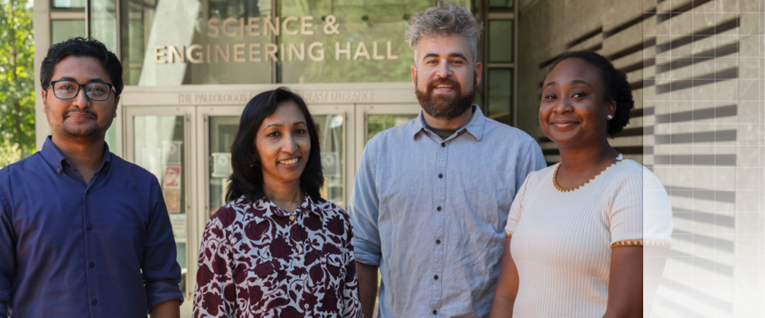 Professor Riffat standing with 3 students outside of the science and engineering hall