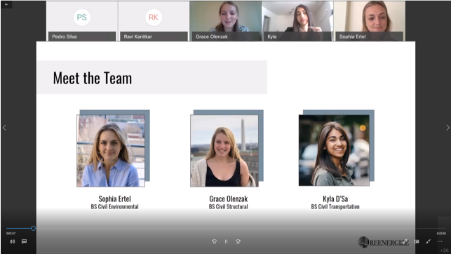 Screenshot during a virtual webex meeting. Pedro Silva, Ravi Kanitkar, Grace Olenzak, Kyla, Sophia Ertel videos at the top. Slide being presented is titled &quot;Meet the Team&quot; 3 photos with names, Sophia Ertel, Grace Olenzak, and Kyla D'Sa