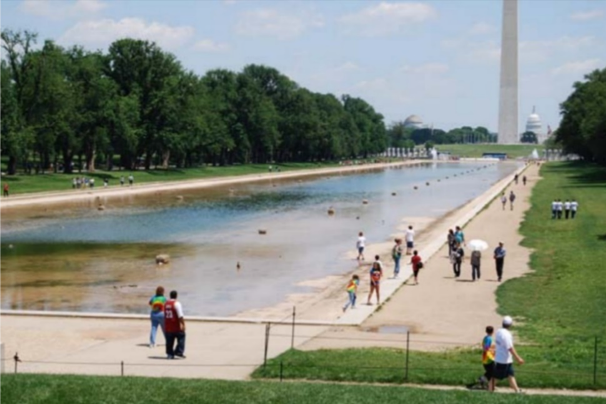 Lincoln Memorial Reflecting Pool in DC, view of the Washington Monument in the background