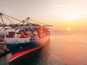 Ship being loaded at sunset