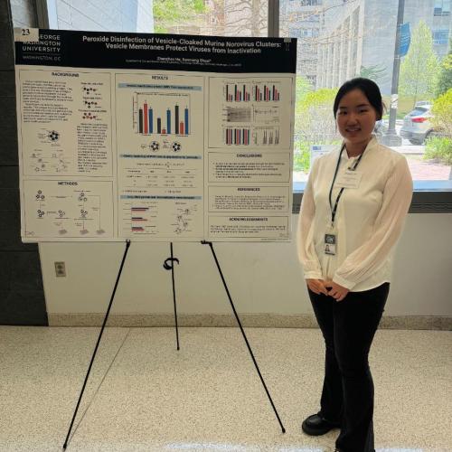 Ph.D. candidate Zhenzhen He presents on the peroxide disinfection research at the 2024 GW Engineering R&D Showcase.
