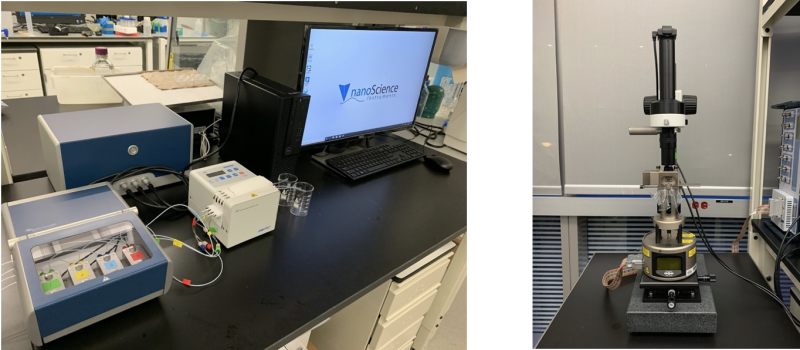 (On left) Quartz crystal microbalance system with dissipation monitoring. (On right) atomic force spectroscopy