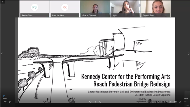 Screenshot during a virtual webex meeting. Pedro Silva, Ravi Kanitkar, Grace Olenzak, Kyla, Sophia Ertel videos at the top. Presentation is titled "Kennedy Center for the Performing ARts Reach Pedestrian Bridge Redesign"