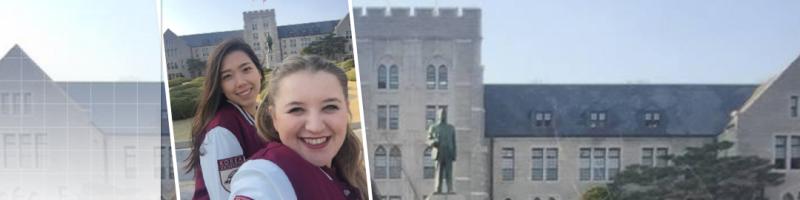 2 students smiling in front of korea university