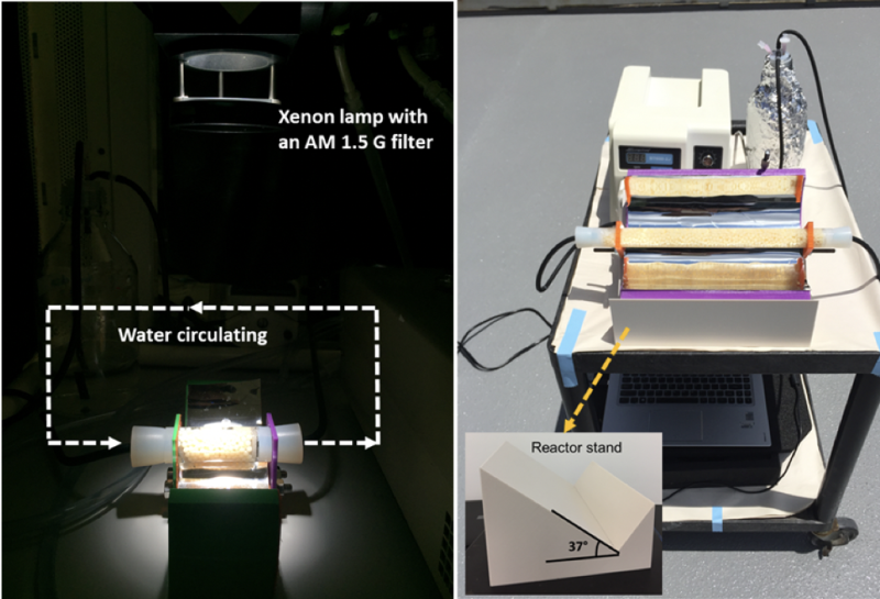 (left) view of water circulating through a tube with xenon lamp at an AM 1.5G filter. (right) the reaction stand holding the tube is at 37 degree angle